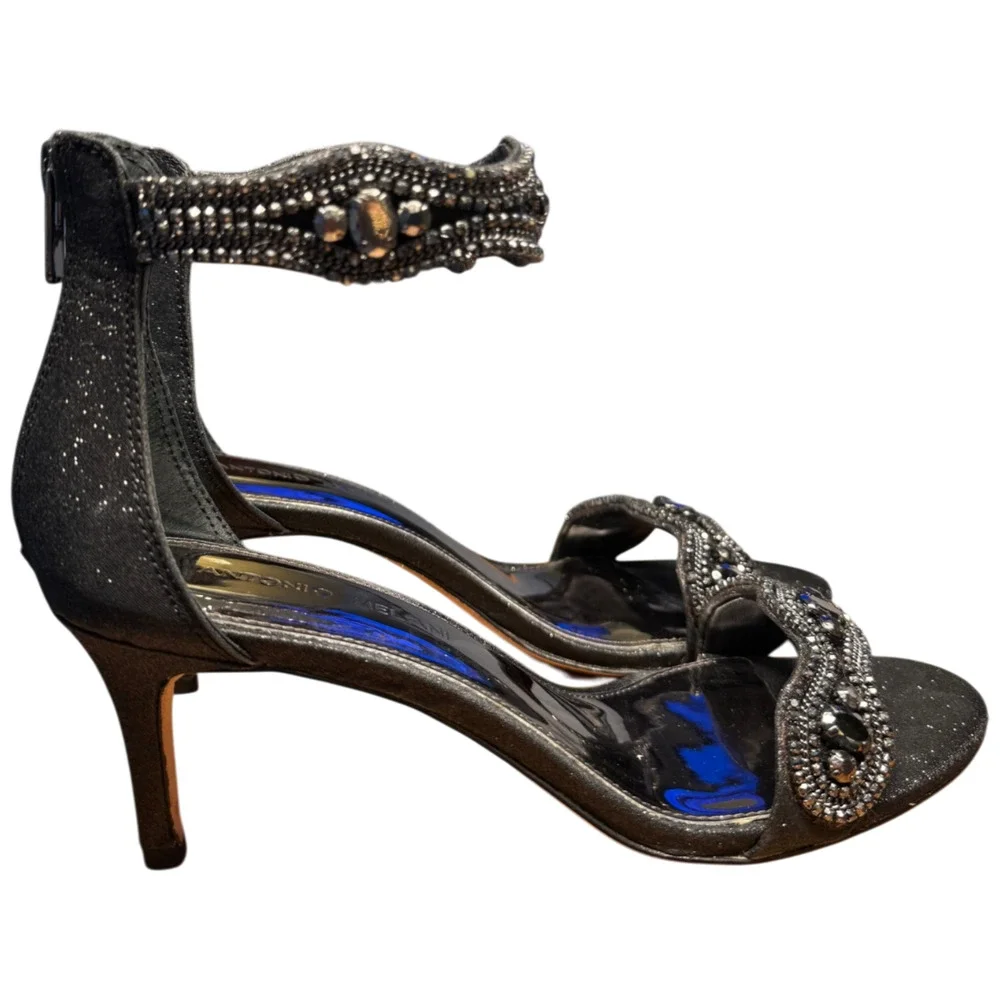 ANTONIO MELANI Women's 8 Black Rhinestone Heels Sparkle Zip Back Fancy Shoes